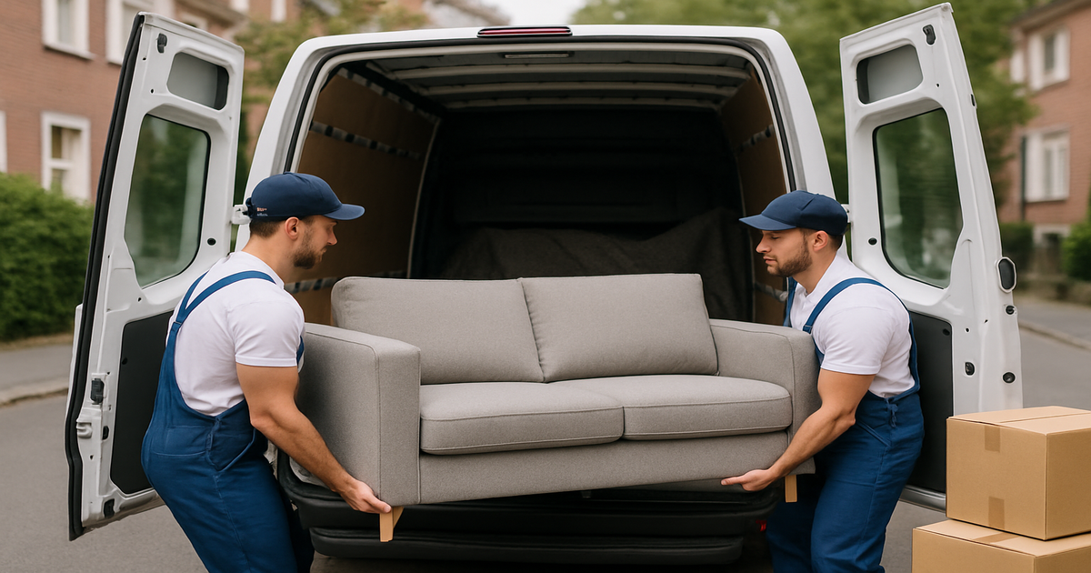 Professionelle Beiladung Mönchengladbach – Umzugshelfer verladen ein Sofa in einen Transporter