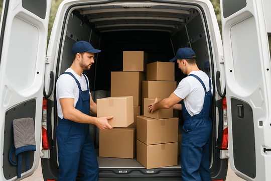 Beiladung Mönchengladbach – geteilter Laderaum eines Transporters mit Kartons und Möbeln