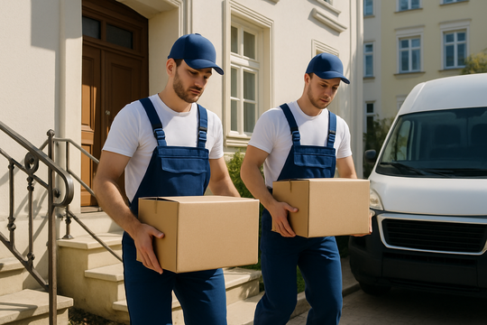 Umzugshelfer tragen Kartons aus einem Mönchengladbacher Wohnhaus zur Beiladung